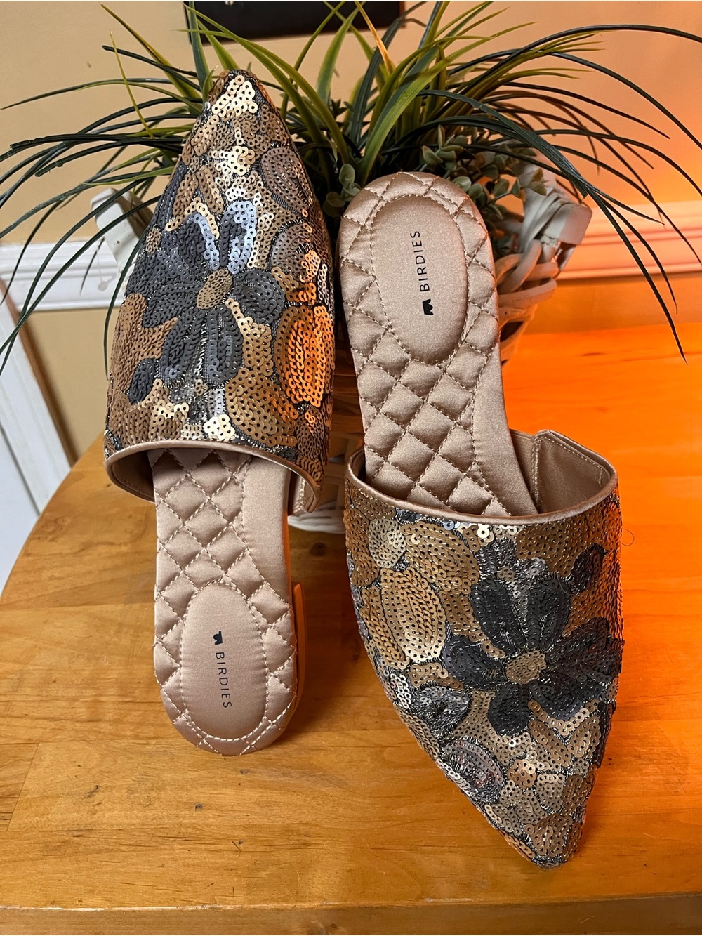 Birdies The Dove Gold petal Sequin Floral Pointed-Toe Mules